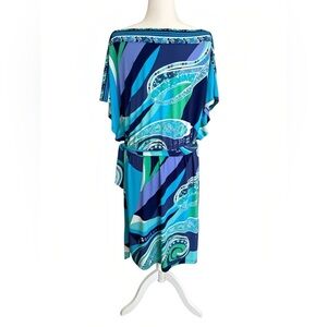 JLO XL Blue Green Paisley Blouson Dress Dolman Sleeve Belted Wide Neck